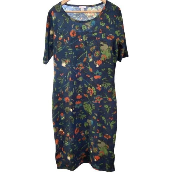 LuLaroe Julia Blue MIDI Dress Orange Flowers - Picture 3 of 10